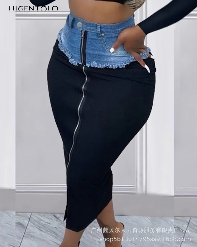 

Denim Patchwork Skirt Women Slim Fashion Personality Zipper Split Female Sexy Skinny Street New High Waist Skirts
