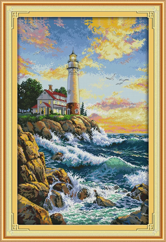 Cross Stitch Kit Lighthouse (4) cross stitch kit sea side 14ct count printed canvas 11ct fabric x stitching embroidery DIY handmade needlework