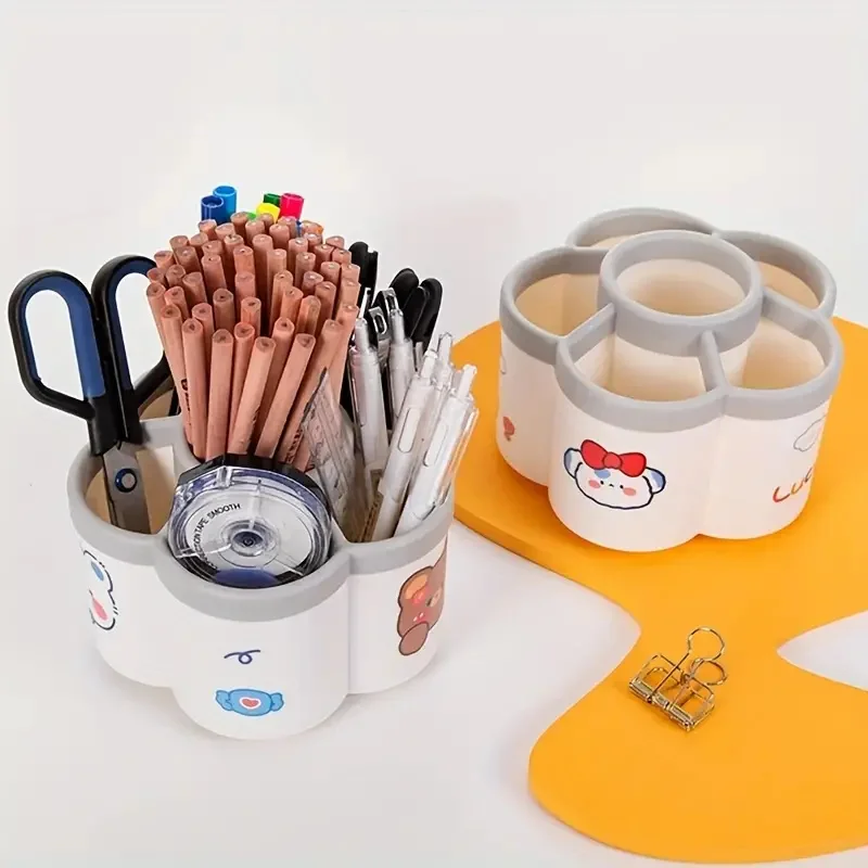 Pen Holder Desktop Storage Box Cartoon Fire Wheel 360 Degree Rotating Large Capacity Office Stationery Organizer