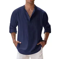 Chemisier d'été en lin pour hommes, col haut, manches longues, maillot de corps ample, couleur unie, chemise en coton et lin, vêtements pour hommes 5