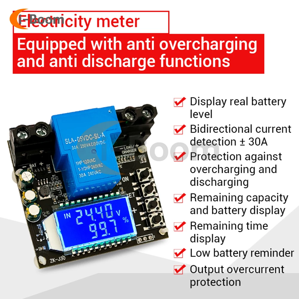 

Zk-J30 Coulomb Meter Lithium Battery Charging Module Bidirectional Current Test Dc6-60v 30a With Power Display Function