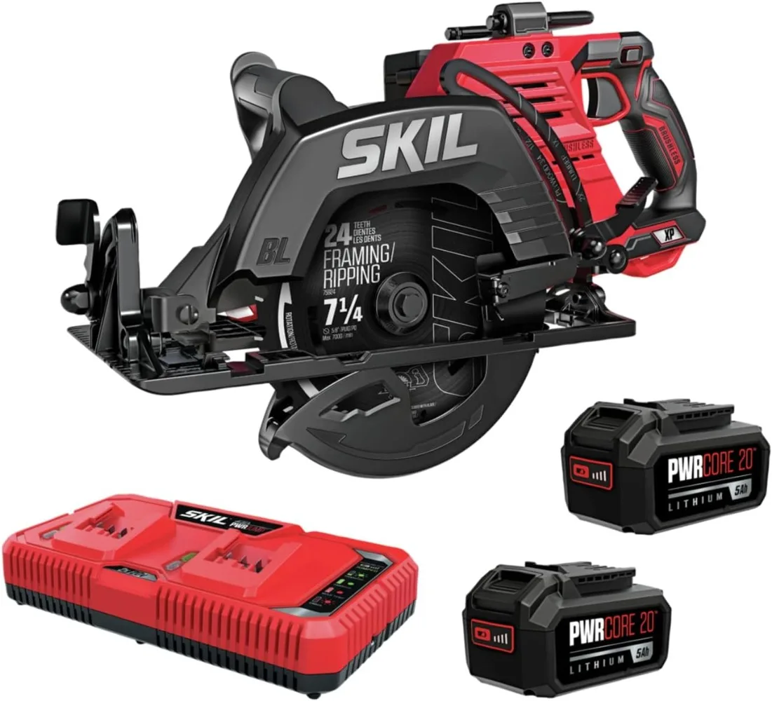 

2x20V PWR CORE 20 Brushless 7-1/4” Rear Handle Circular Saw Kit Includes Two 5.0Ah Batteries and Dual Port Auto PWR Jump Charger