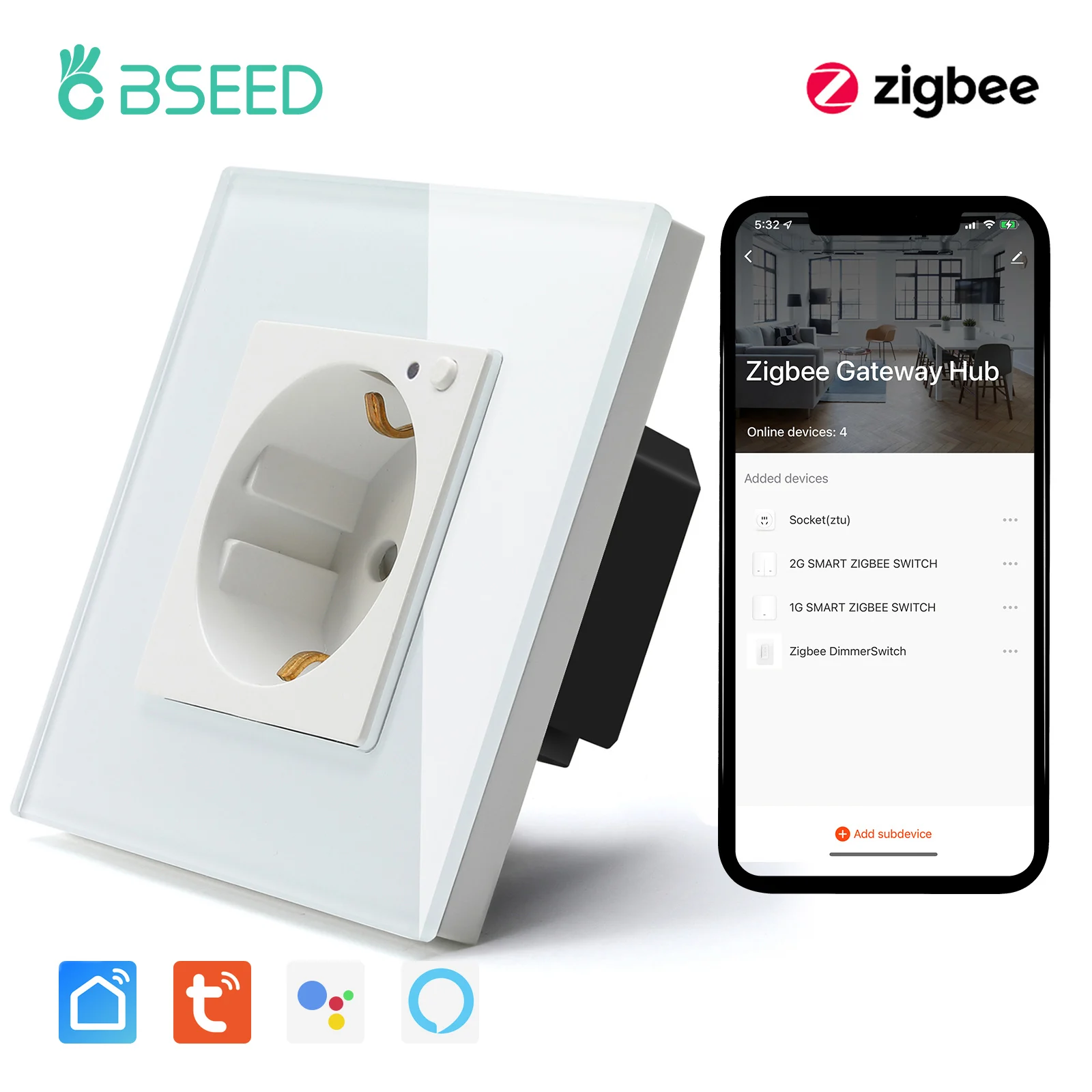 BSEED EU Standard Zigbee Smart Wall Socket Power Socket 220V 16A With