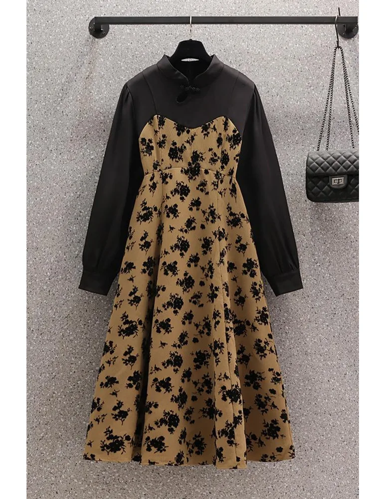 

Autumn Dress Women Retro Casual Korea Fashion High Quality Elegant Dress O-neck Patchwork Fake Two Piece 4XL Dress Clothing