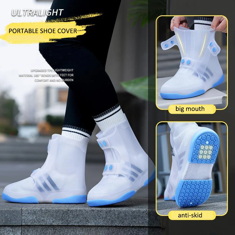 Shoe Waterproof Cover Men Women Rain Shoes New Blue Overshoes Washable Portable Big Open TPE Shoe Cover Button Durable Galoshes shoe covers