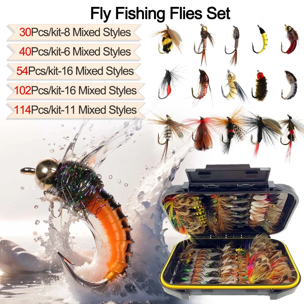 ANCLLO - Kit di esche da pesca a mosca, 30 pezzi, per pesca a mosca, esche secche, kit assortito con scatola impermeabile per pesca alla trota