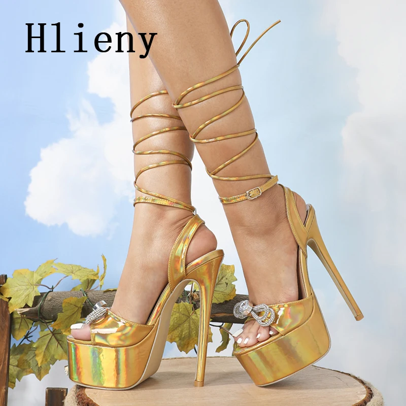

Hlieny Rhinestone Butterfly Knot Platform Women's Lace-up Sandals Peep Toe Ankle Strap Thin High Heels Summer Pole Dancing Shoes