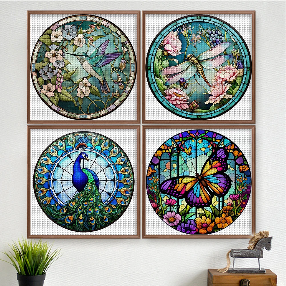 4pcs Full Embroidery Cotton Thread 18CT Print Stained Glass Cross Stitch 20x20cm