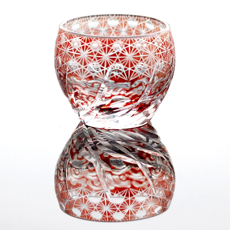 Japanese Traditional Craft Edo Kiriko Shochu Sake Cup Glass Red Blue Green Hand Cut To Clear 60ml Shot Glass 2oz 1pc