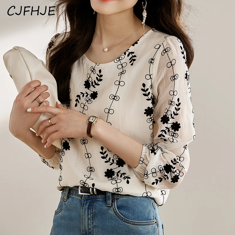 

CJFHJE New Embroidered Shirts Women Korean Fashion Tops Blouses 3/4 Sleeve Bohemian Style Early Spring Tunic Top Loose Blouse