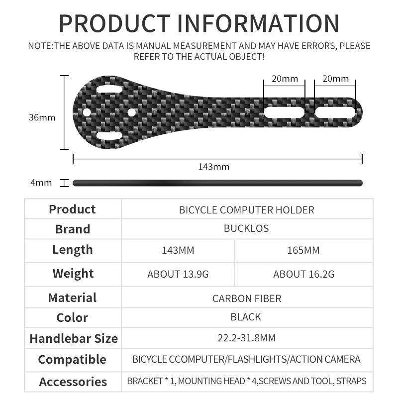 Bicycle Handlebar Bracket GPS Holder BUCKLOS Carbon Fiber Bike Computer Holder 143mm 165mm Bicycle Speedometer Holder Road Mountain Bike Stopwatch For Garmin