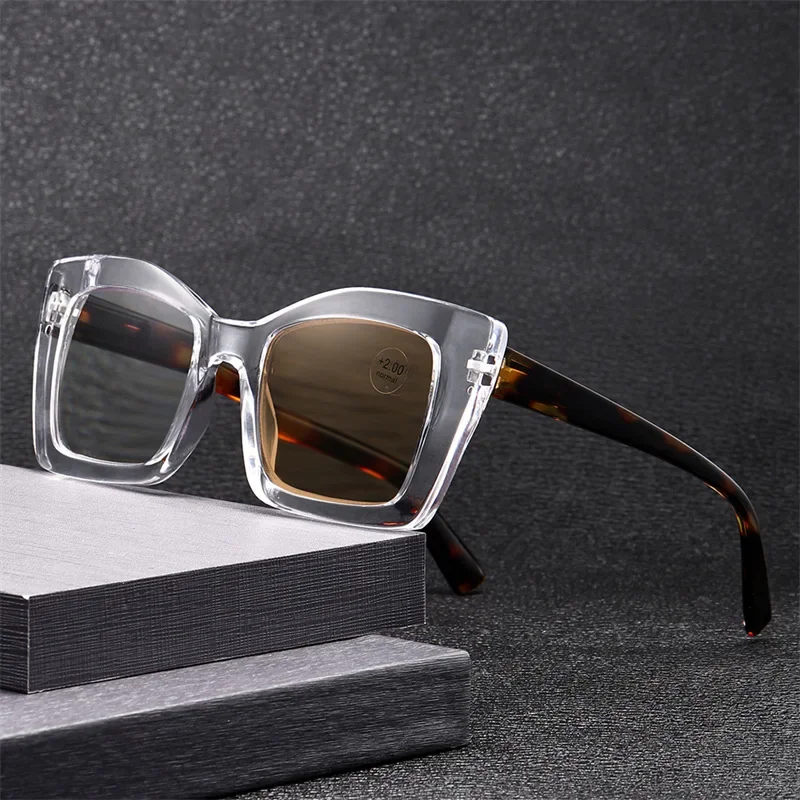 Luxury Ladies Oversized Photochromic Reading Glasses Fashion Trend Anti Blue Light Far Sight Finished Color Changing Sunglasses 2