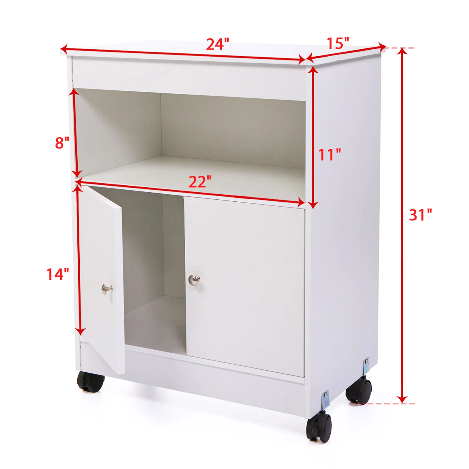 Wood Kitchen Microwave Cabinet Cart with 4 Universal Wheels and Roomy Inner Space for Home Use, White