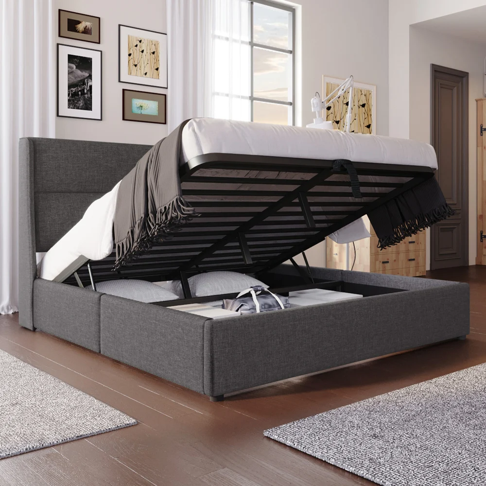 Gepolstertes Bett, Doppelbett mit verstellbaren Kopfstützen, hydraulischem Bettrahmen, Leinenbett mit Metalllattengitter (ohne Matratze) – Detail 9