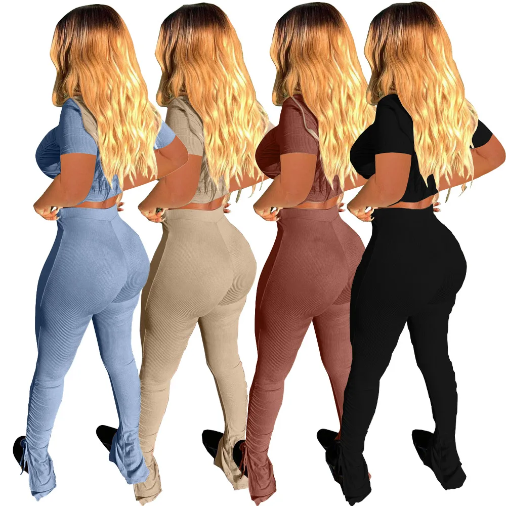 Women Ribbed Yoga Set Short Sleeve Crop Top High Waist Sport Leggings Set Active Wear Gym Suit Workout Clothes For Women