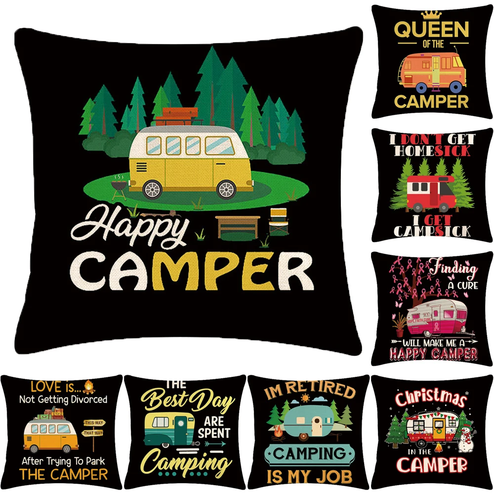 Outdoor Camping Theme Pillow Case Happy Camper Car Letter Print Cushion