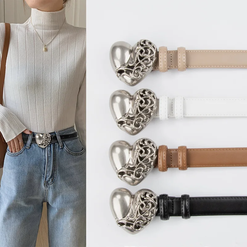 

Ремень из воловьей кожи Женский, Роскошный Металлический ажурный пояс с пряжкой в форме сердца, ремень для джинсов
