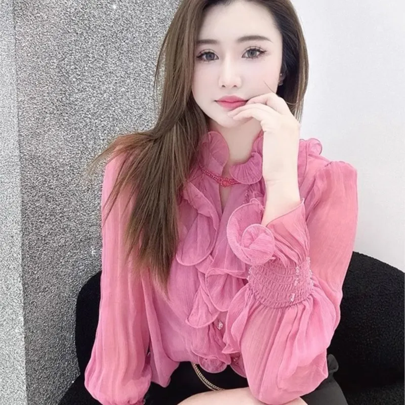 Beautiful Small Shirt Light Luxury Minority Unique Chic Pink Wooden Ear