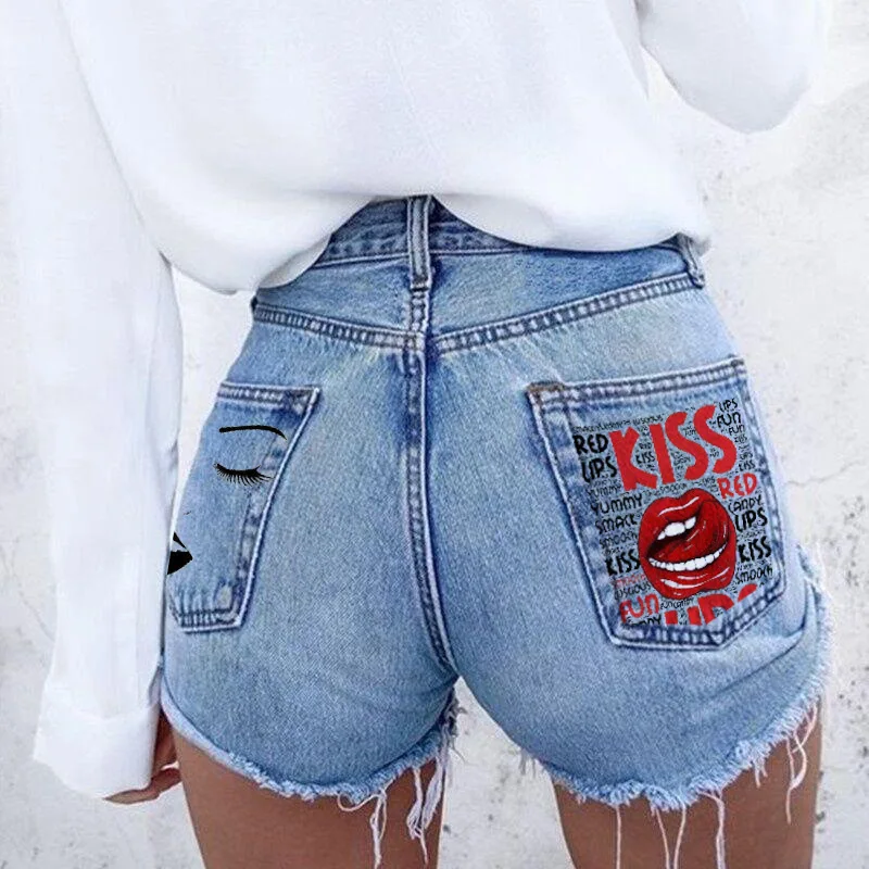 

Women's Personalized Print Perforated Tassel Denim Shorts INS American KISS Letter Spicy Girls Street Fashion, New, Summer, 2023