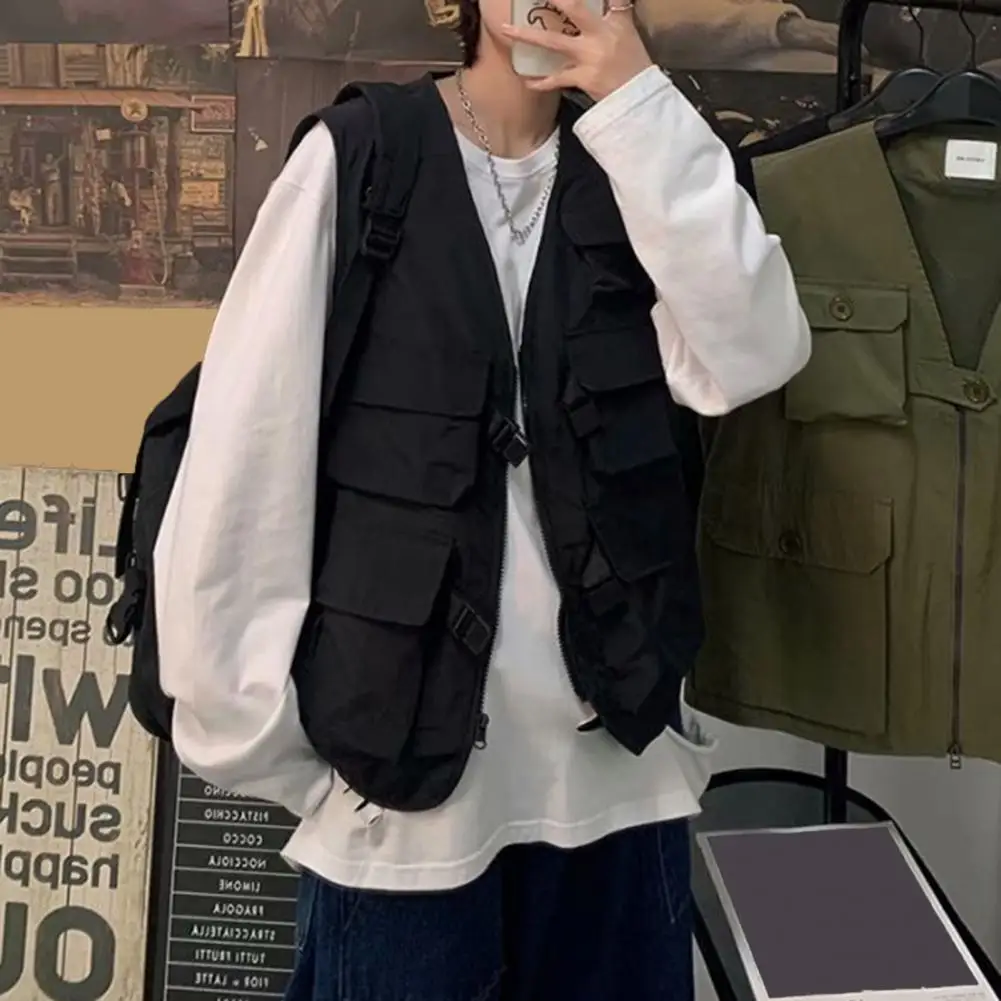 Description Picture 5 of itemMen Casual Vest Coat V-neck Sleeveless Cargo Vest Multi Pockets Solid Color Zipper Buckle Placket Waistcoat Outerwear Men