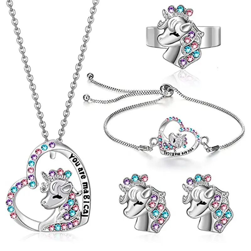 Jewelry Set Colorful Heart Unicorn Jewelry Set with Earrings Necklace and Rainbow Gemstones for Women and Kids