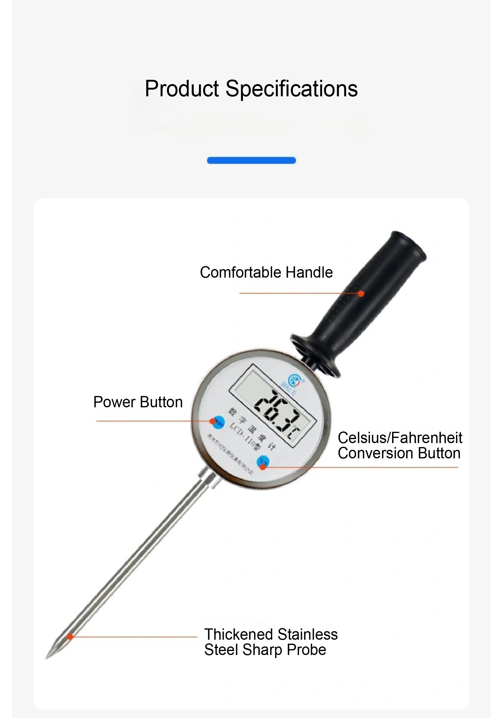 Handheld Digital Thermometer with Pointed Stainless Steel Probe –50 to 200℃ for