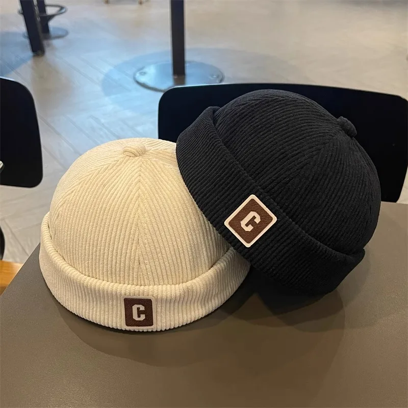 Solid Color Letter Baby Beanie Cap Corduroy Hat for Toddler Boy Girl Vintage Adjustable Kids Brimless Hats