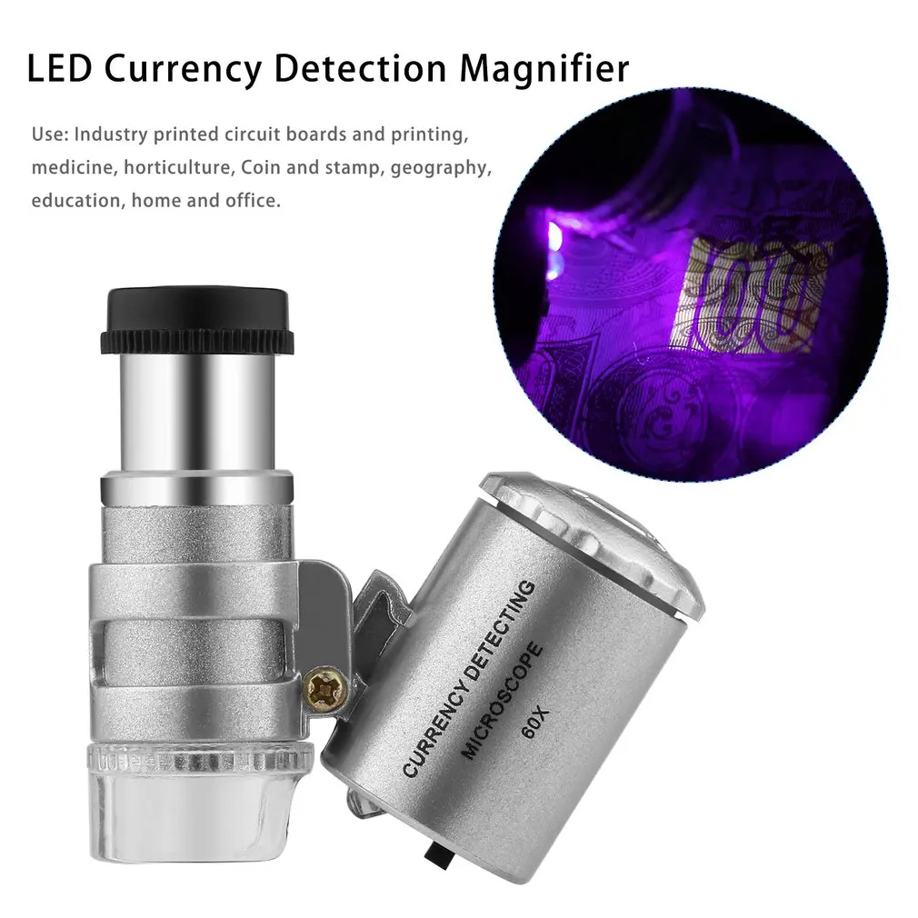 60X Power Mini Portable Handheld Money Tester Currency Detecting Microscope Magnifier Loupe Glass LED Light UV Microscope