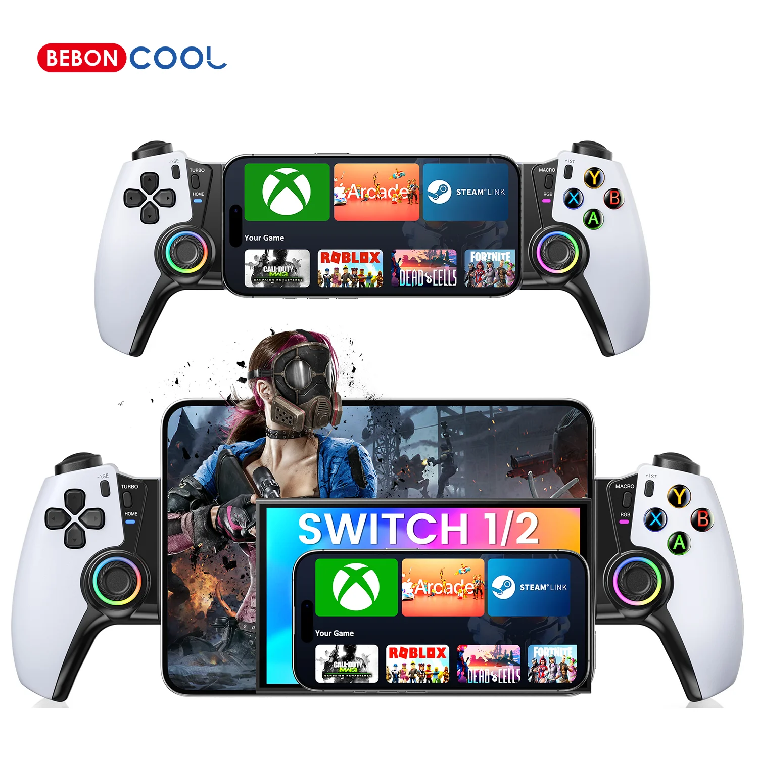 BEBONCOOL MC500 홀 이펙트 무선 게임패드(안드로이드/ios/스위치 모바일 컨트롤러용), 터보, 후면 버튼, 800mAh 배터리 포함