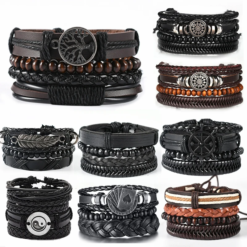 Leather Bracelets 4Pcs/Set for Men Vintage Life Tree Rudder Charm Wood Beads