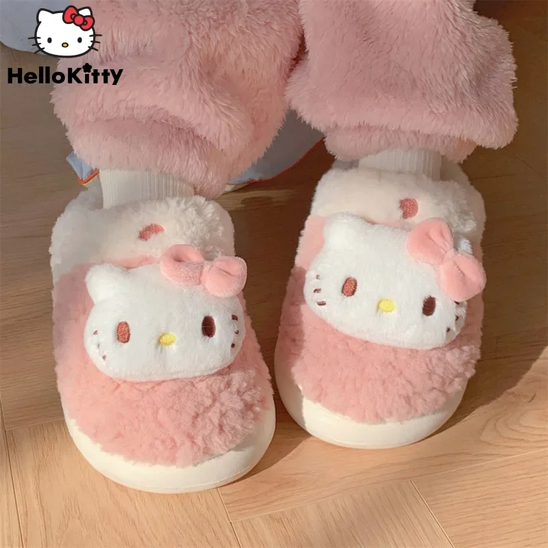 

Sanrio Hello Kitty Plush Slippers Cinnamoroll Women Autumn Winter Parent Child Cotton Slippers Non Slip Warm Home Wear Fur Shoes