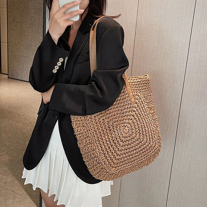 Simple and Large-capacity Straw Woven Bag Fashion Summer Beach Women's Shoulder Bag Trendy Zipper Handbags for Girls