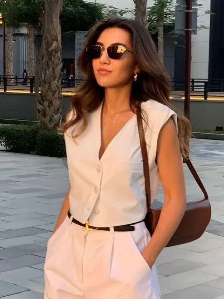 

Women Cropped Waistcoat Elegant Solid Single Breasted V Neck Vest Spring Casual Woman Fashion Outerwear Waistcoats