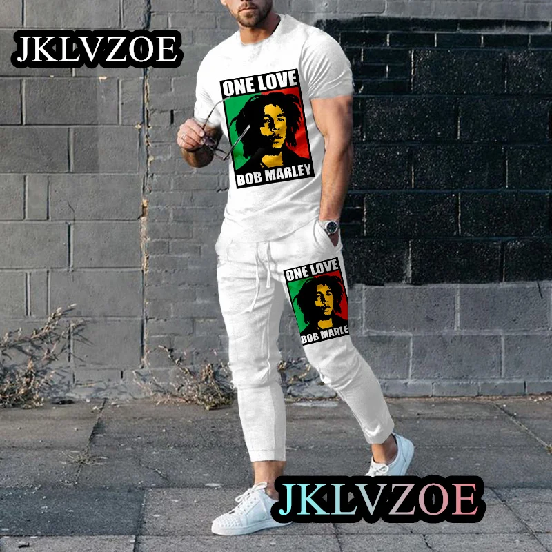 Men's Summer Bob Marley Tracksuit Sets One Love T-Shirt Pants Set Male Fashion Suit Casual Vintage Outfit Reggae Music Clothing