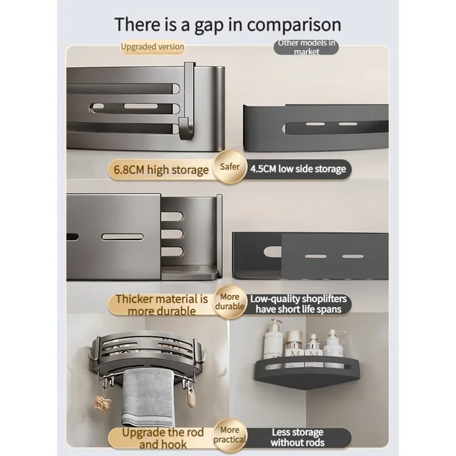 ชั้นวางของในห้องน้ำอะลูมิเนียมแบบไม่ต้องเจาะ ชั้นวางแชมพู ชั้นวางเครื่องสำอาง ที่เก็บของในครัว อุปกรณ์จัดระเบียบติดผนัง อุปกรณ์ในห้องน้ำ 5