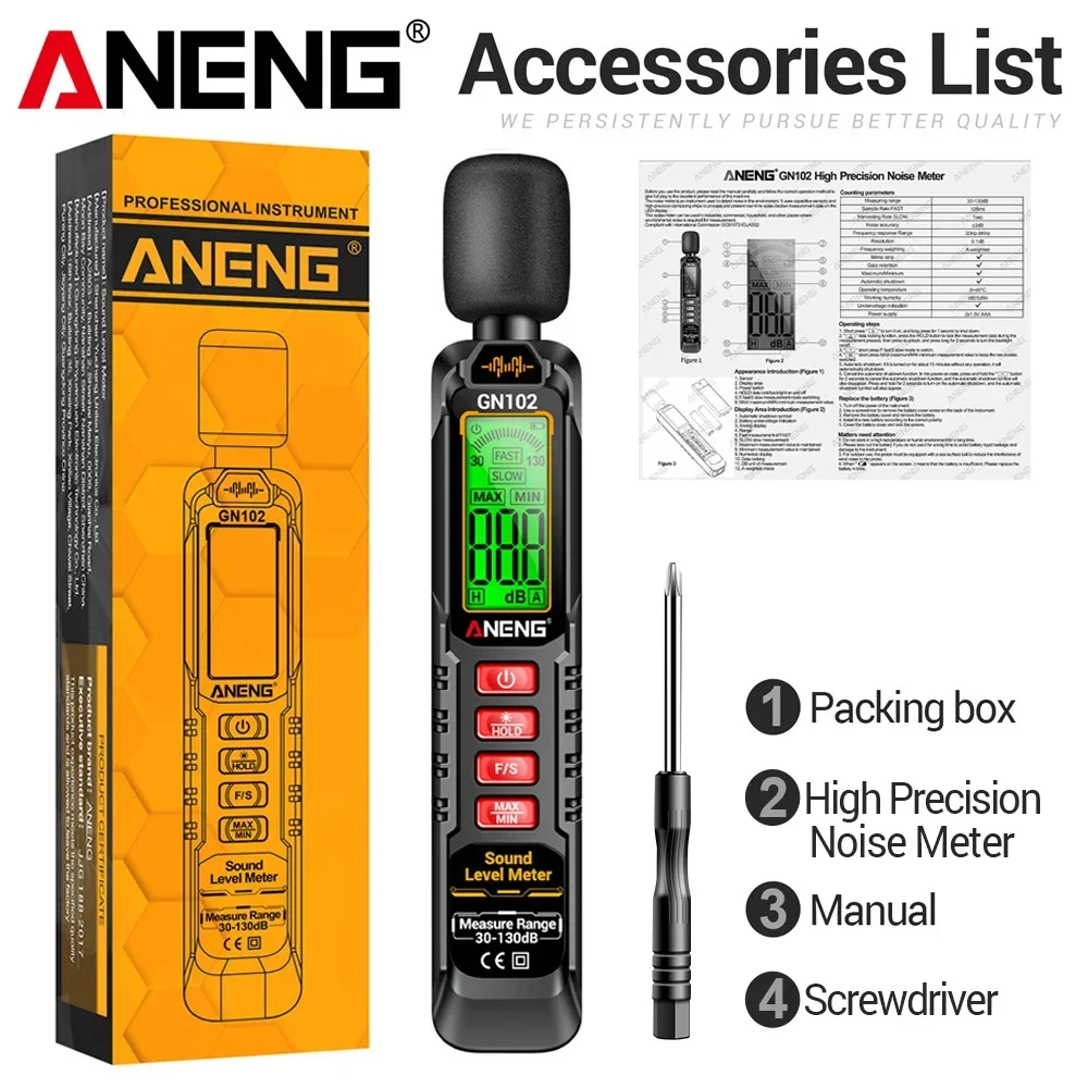 Schallpegelmesser Digitales Tragbares Geräuschmessgerät NENG GN102 Audiopegelmesser 30-130 DB Umgebungsgeräusch Winddichter Dezibel-Messgerät-Test_voghion.com