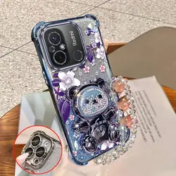Elegant Purple Floral Plating Phone Case with Stand and Lanyard Attachment - Redmi 12C (Blue)