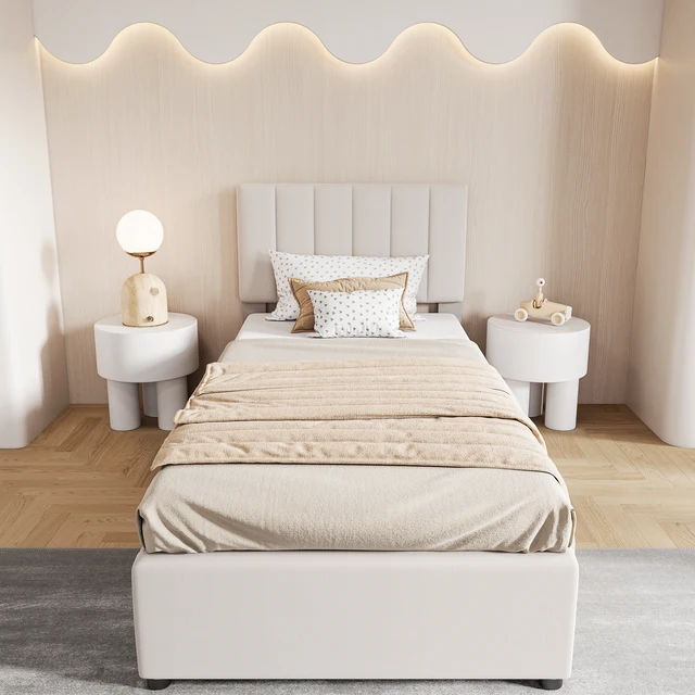Lit simple rembourré Fangange 90x200cm, lit enfant avec sommier à lattes et espace de rangement, tête de lit réglable, lin, beige 1