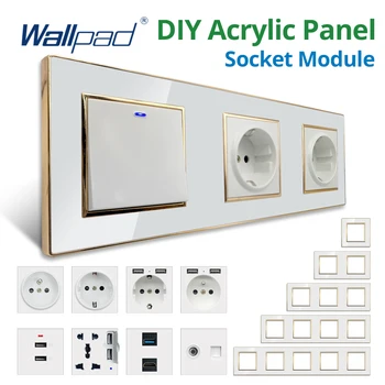 Wallpad DIY โมดูลแผงอะคริลิคสีขาว Gold Border Wall Power Socket ปลั๊กไฟฟ้าฟังก์ชั่น Key พอร์ต USB 110 220V 1