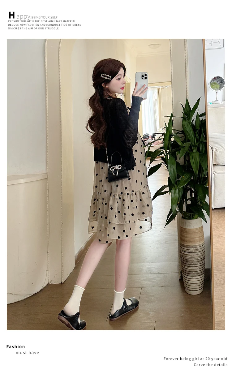 용수철 패션 출산 의류 세트, 긴팔 뜨게 카디건, 민소매 폴카 도트 볼 가운, 임신 트윈셋 원피스, 2025