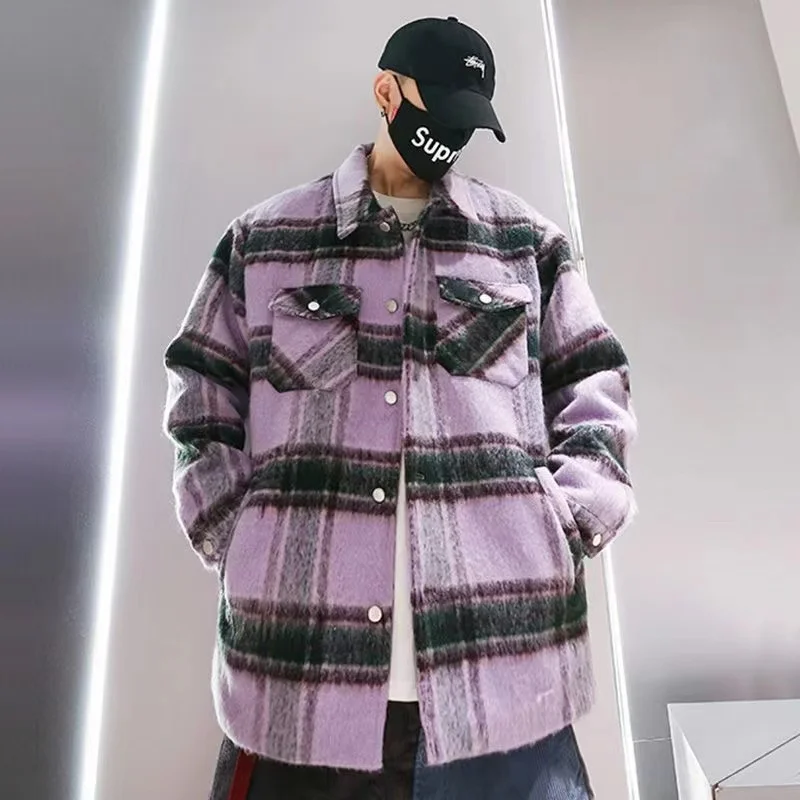 

2022 Winter Men's Thicken Snow Jackets Fashion Trend Cotton-padded Clothes Lattice Printing Coats Purple/khaki Woollen Blends