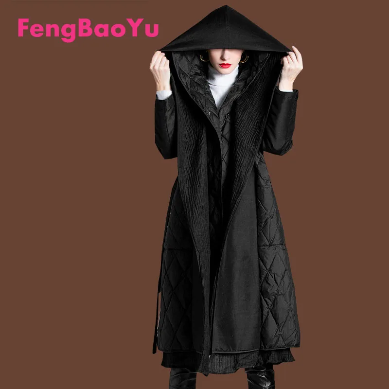 

Женский зимний пуховик с капюшоном Fengbaoyu, яркая модная черная уличная теплая куртка на белом утином пуху со шнуровкой в стиле пэчворк