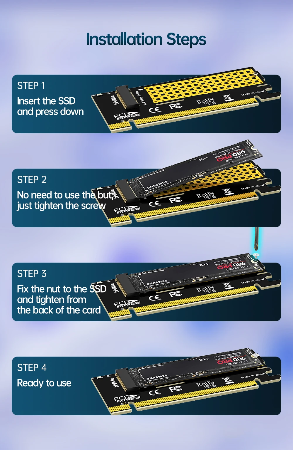 S14c8d0bbacce46ed80f0a7e34048e8c7p JEYI M.2 NVME to PCIE X16 Adapter, 2280/60/42/30 NVMe SSD to PCIe 4.0 3.0 GEN4 64Gbps Expansion Card for Desktop Motherboard PC Mallzona