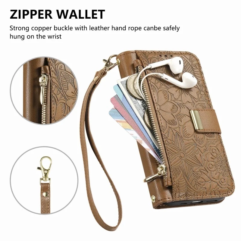 Magnetic Leather Zip Wallet Phone Case with Lanyard