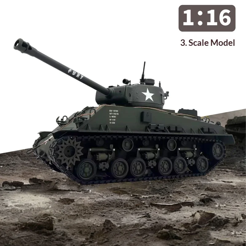 RC 배틀 탱크 M4A3 US 셔먼 퓨리 2차 세계대전 군사용 1/16 스케일 2.4GHz 무선 조종 장갑차 성인 취미 수집가용