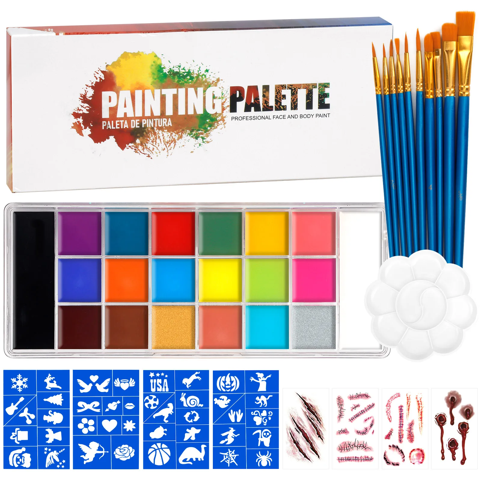 

20 Color Face Body Paint Oil with 10 Brushes 1 Palette Tray and 4 Stencils 4 Scar Tattoo Stickers for Halloween Cosplay Makeup