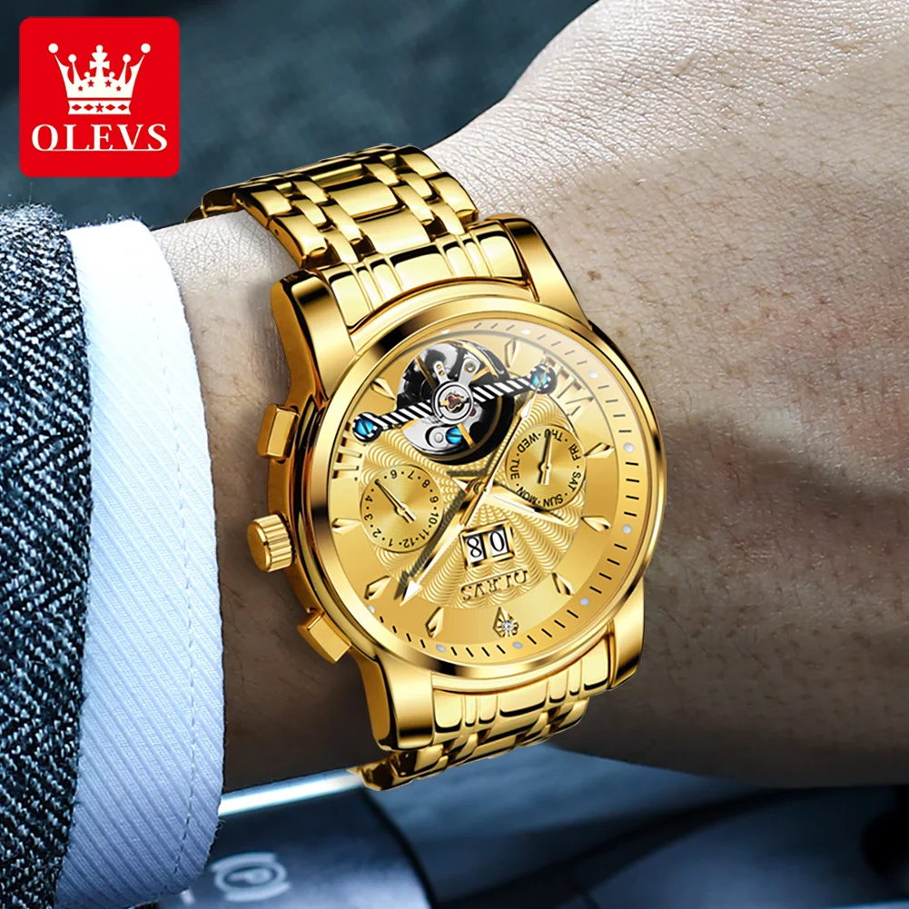 OLEVS 9965 Man Watch Original Fashion Automatic Wristwatch Hollow Skeleton Calendar Mechanical Watch For Men Waterproof Luminous