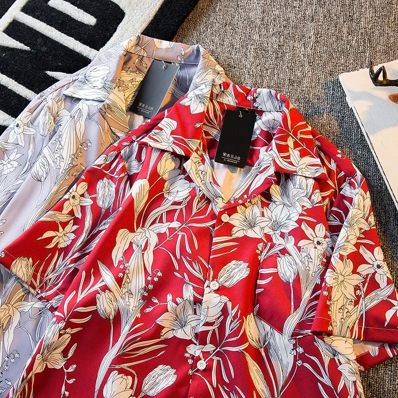 Men's vintage collar shirt short sleeved men's summer trend men's vacation  beach shirt men clothing