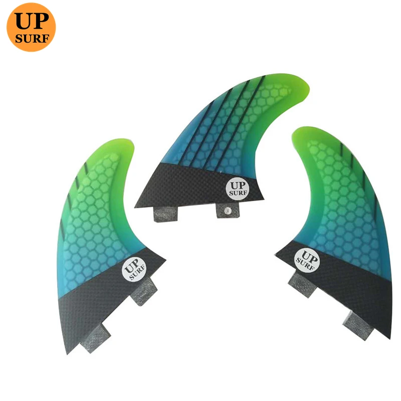 

UPSURF Double Tabs Fin Surfboard Fins M Size Blue Green gradient Color Honeycomb Fiberglass 3 pcs/set Swimming Accessories
