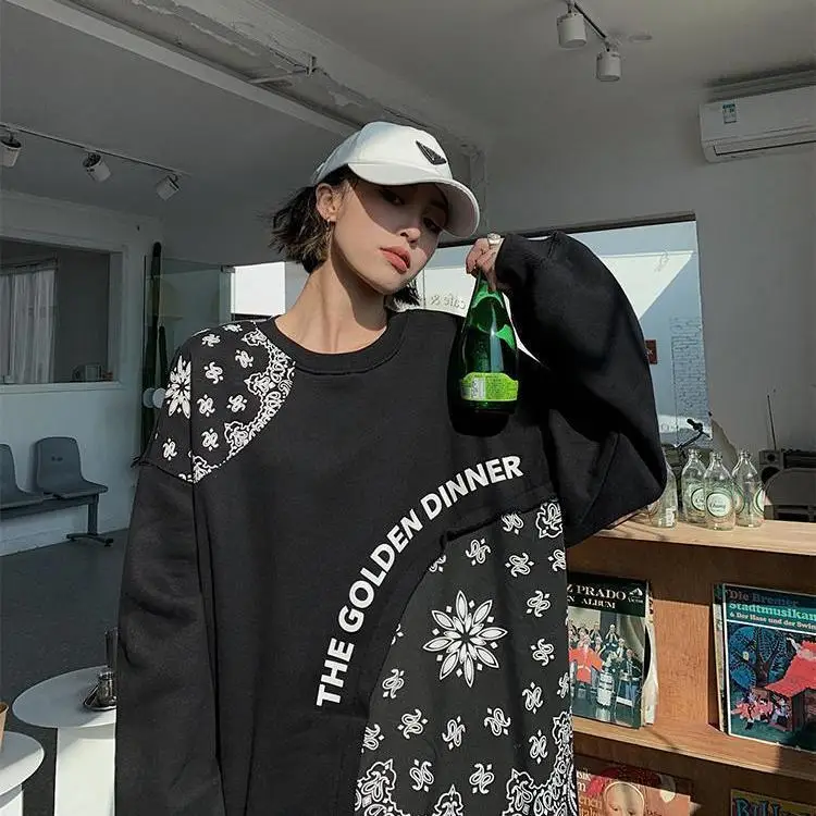 Pullover Splicing Loose Korean Version Cashew Flower Printing Matching Design Sense Niche Casual Couples INS 2022 New
